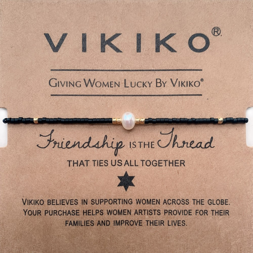 VIKIKO Black Miyuki Beads Dainty Bracelet Set Natural Stone Pearl Adjustable Rope Bracelet Jewelry