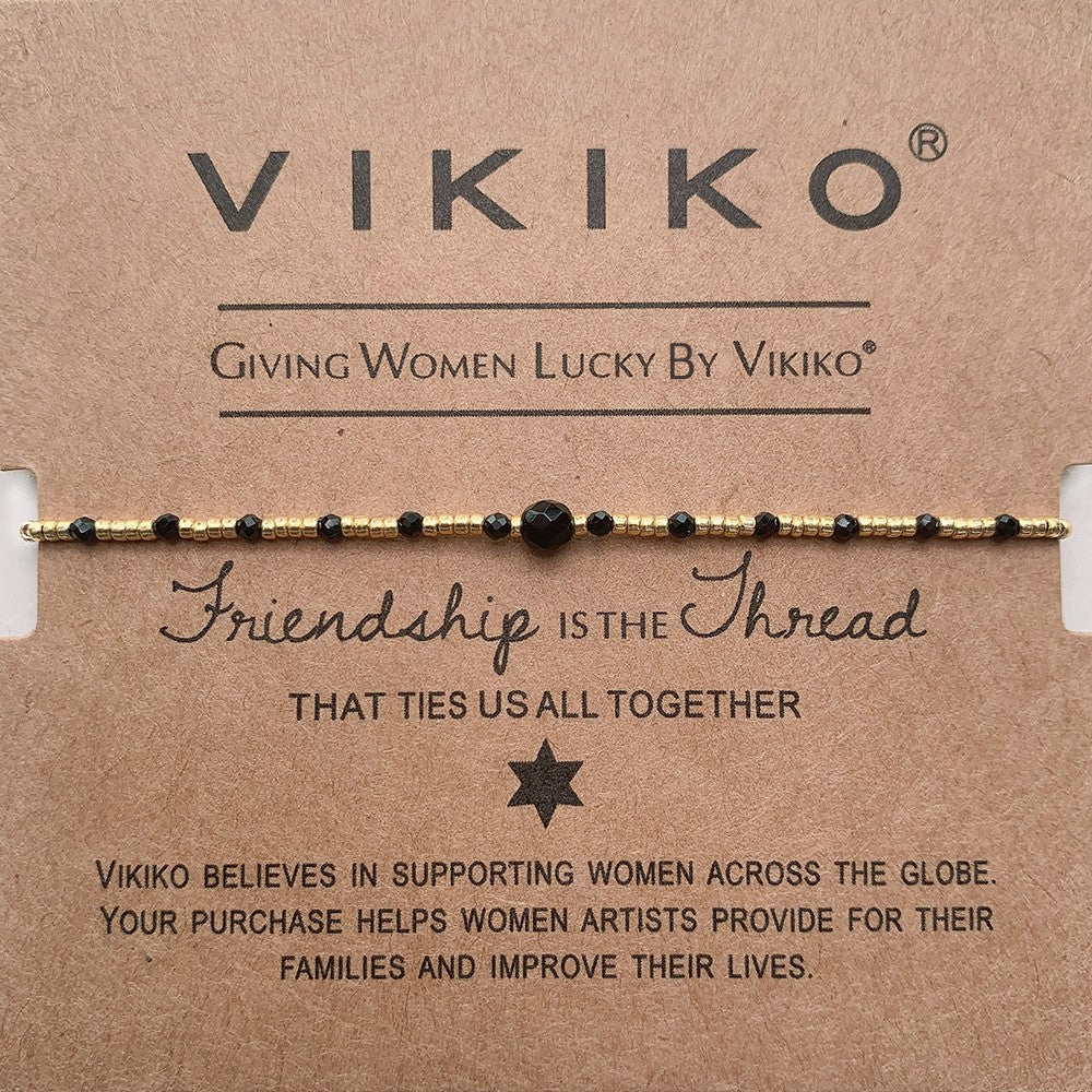 VIKIKO Black Miyuki Beads Dainty Bracelet Set Natural Stone Pearl Adjustable Rope Bracelet Jewelry