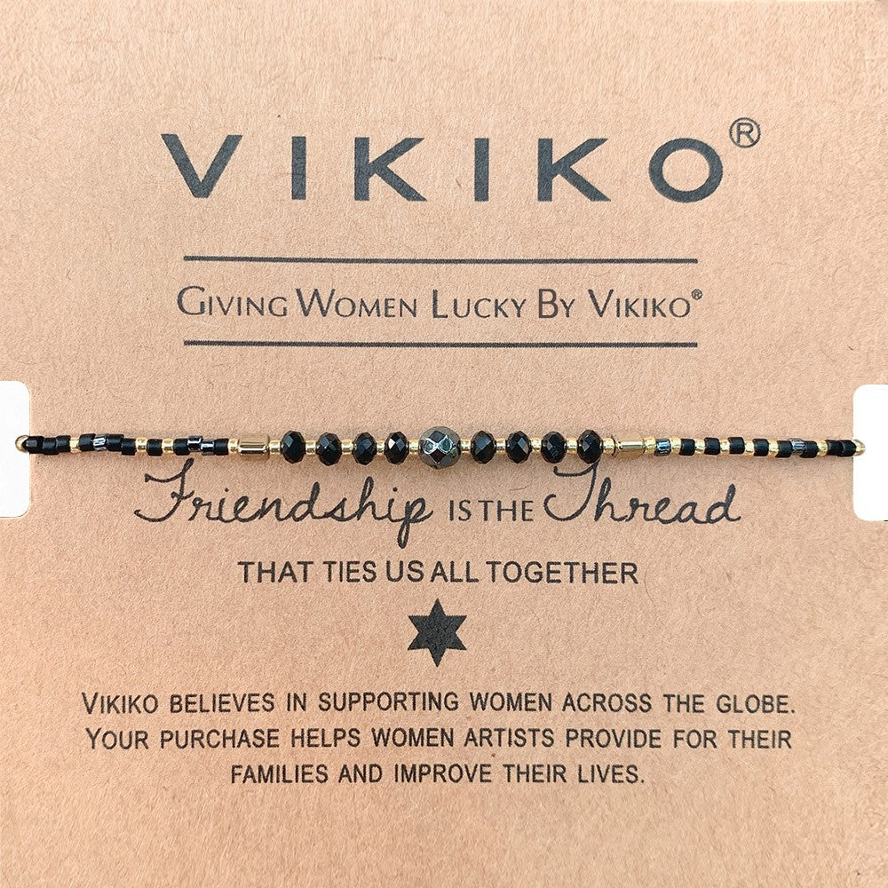 VIKIKO Black Miyuki Beads Dainty Bracelet Set Natural Stone Pearl Adjustable Rope Bracelet Jewelry