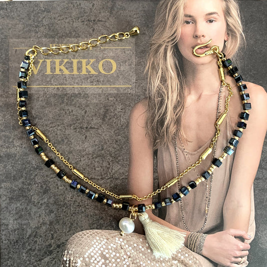 VIKIKO Crystal Cube Beaded & Gold Color Chain Double Bracelet Natural Stone Pearl Tassel Charm Bracelets