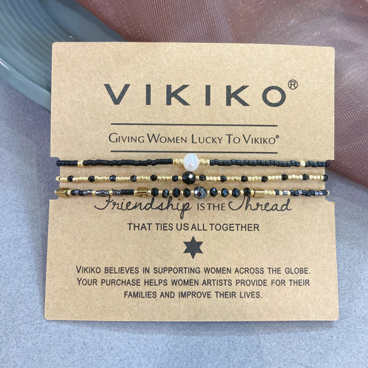 VIKIKO Black Miyuki Beads Dainty Bracelet Set Natural Stone Pearl Adjustable Rope Bracelet Jewelry